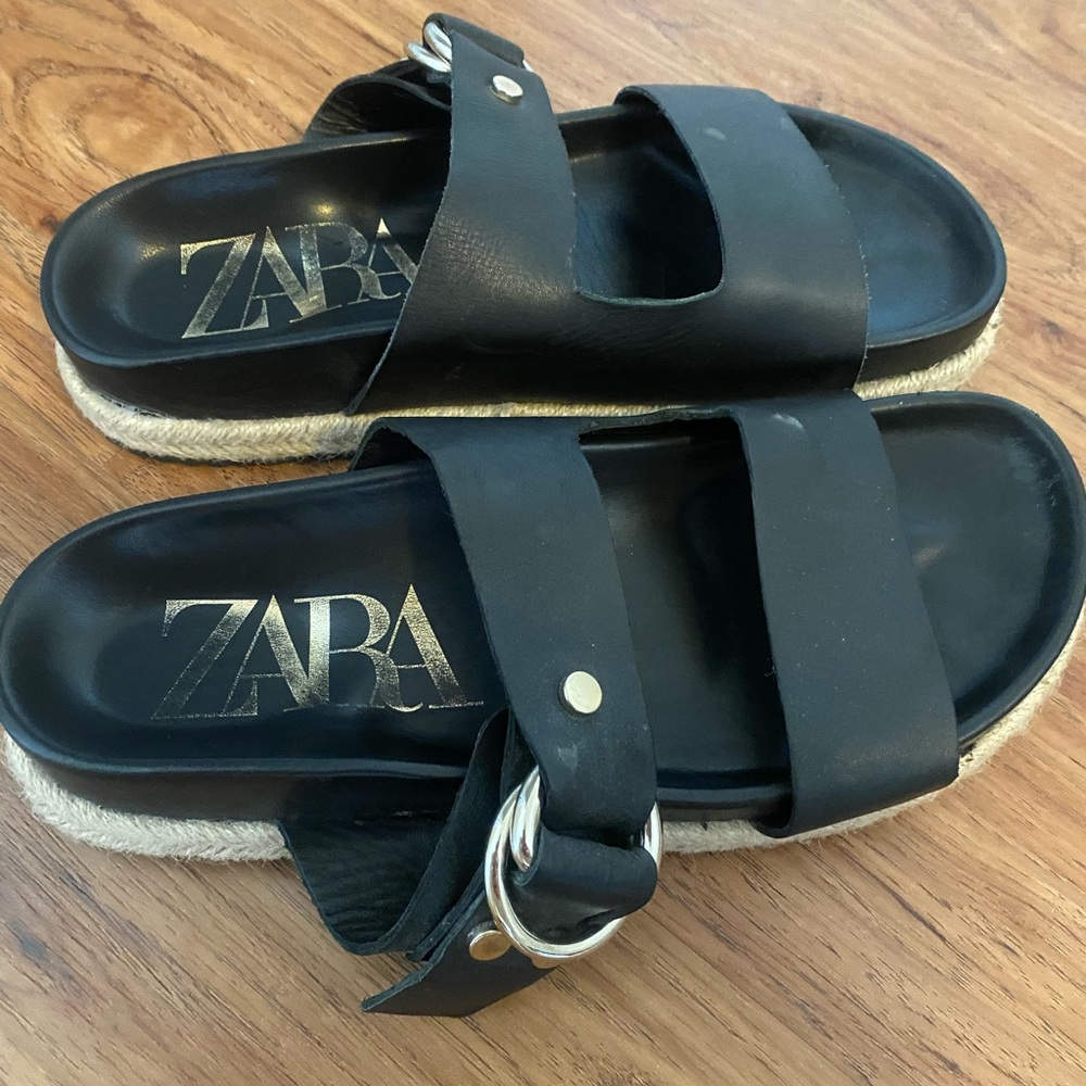 Zara Birkenstock! Very cute with espadrille and gold detailing